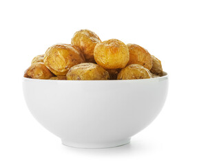 Bowl with tasty baked potato on white background