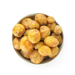 Bowl with tasty baked potato on white background