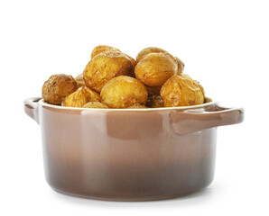 Pot with tasty baked potato on white background