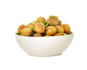 Bowl with tasty baked potato on white background