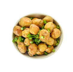 Bowl with tasty baked potato on white background