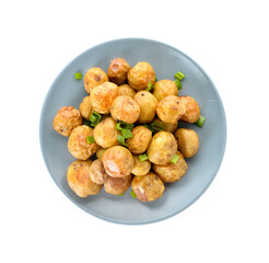 Plate with tasty baked potato on white background
