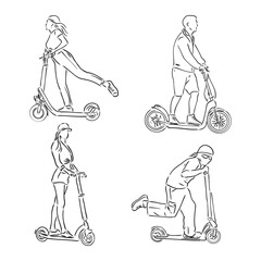 Continuous line woman rides an electric scooter with raised leg