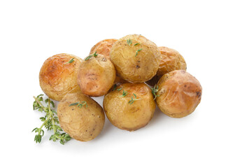 Pile of tasty baked potato on white background