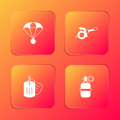 Set Parachute, Howitzer, Military dog tag and Hand grenade icon. Vector