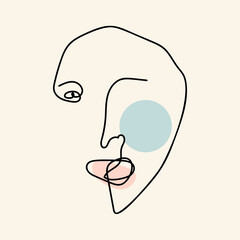 Abstract one line surreal face portrait. Vector illustration. Simple human head sketch. Digitally created drawing in minimalist style.