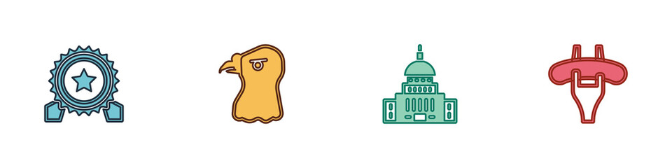 Set Medal with star, Eagle head, White House and Sausage on the fork icon. Vector