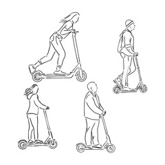 Continuous line woman rides an electric scooter with raised leg