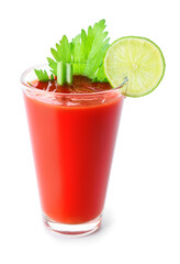 Glass of tasty bloody Mary cocktail on white background