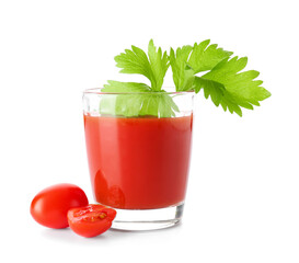 Glass of tasty bloody Mary cocktail on white background