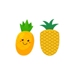 cute kawaii Pineapple isolated cartoon style on white. summer fruits, for a healthy and natural life, Vector illustration.