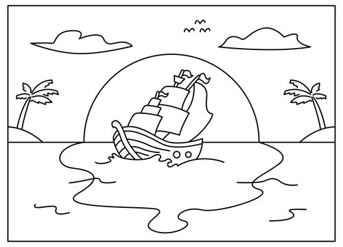 coloring book for kids. doodle illustration ship and sea. line art only