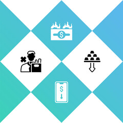 Set Employee dismissal, Mobile stock trading, Burning dollar bill and Gold bars icon. Vector