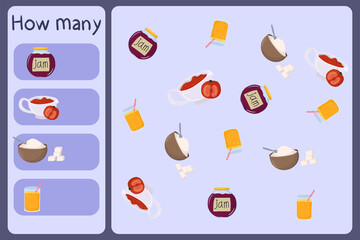Kids mathematical mini game - count how many foods - jam, ketchup, sugar, juice. Educational games for children. Cartoon design template on colorful backdrop. Vector graphic.
