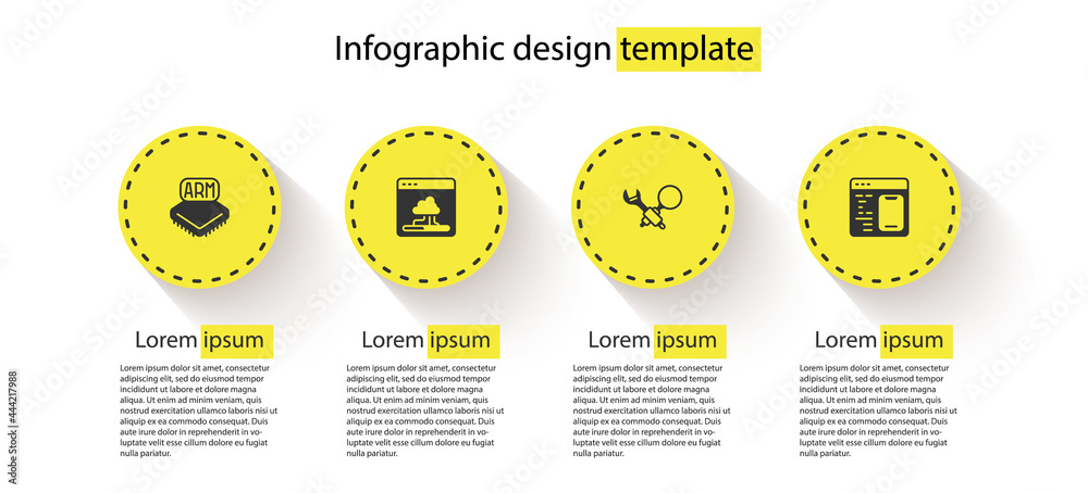 Wall mural set processor, cloud technology data transfer, debugging and software. business infographic template