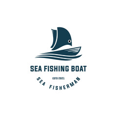 Sea Fishing Boat Logo Design Inspiration. Vector Vintage Badge Retro Rustic Western Hipster Emblem