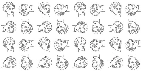 Venus Godness Pattern. Black and white seamless wallpaper with illustrations of Venus head. Line drawing, line art. Minimalistic, simple, linear print design. Greek culture. Famous sculpture