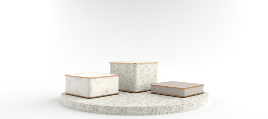 3D rendering of Square marble pedestal, Podium for display product on the white floor. Pedestal can be used for commercial advertising, Isolated on white background, Product Presentation, illustration