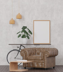 Loft style Living room and concrete wall and bicycle ,sofa mock up frame - 3d rendering -