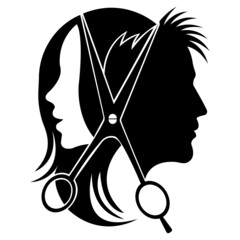 Silhouette of a woman and a man with scissors. Design suitable for tool shop logo, haircut salon, barber shop, decor, tattoo, showroom, beauty salon, t-shirt printing. Isolated vector illustration