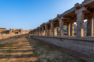 Aancient bazaar street group monuments at Hampi was the centre of the Hindu Vijayanagara Empire in...