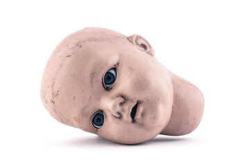 Vintage doll head on white background with clipping path