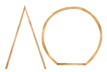 Watercolor wooden triangle and round arch set. Hand drawn wedding arches with wood texture isolated on white. Geometric frame decoration, rustic natural design, bohemian eco decor illustration