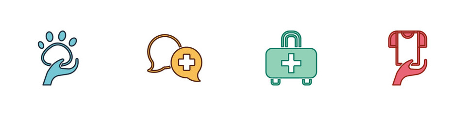 Obraz premium Set Animal volunteer, Dialogue with doctor, First aid kit and Clothes donation icon. Vector