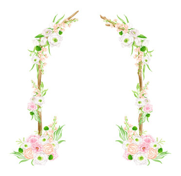 Watercolor wood floral wedding arch. Hand drawn tree branches with flower arrangements isolated on white. Elegant bohemian decoration, rustic natural design, eco decor illustration