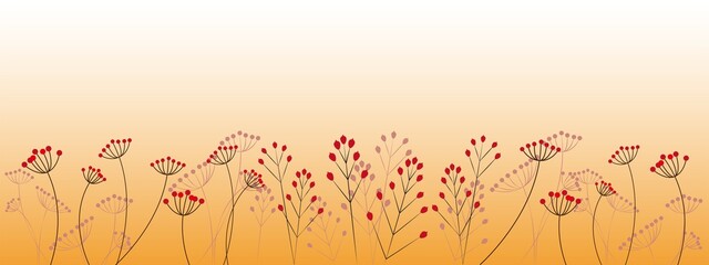 Autumn concept illustration. Red fruits and flowers decoration on Autumn color background. Vector illustration. Autumn banner, background and graphics design.