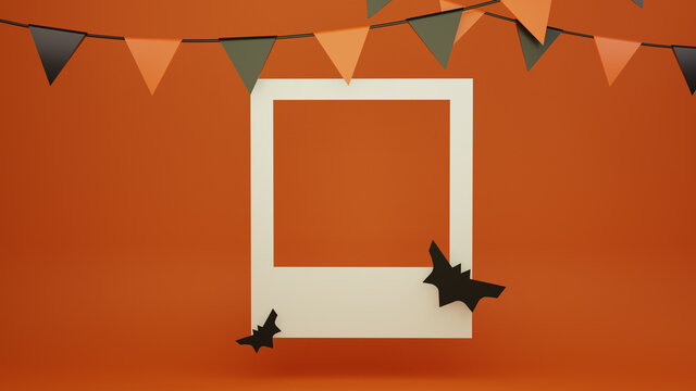 Photo frame mockup with bats and flag tapes on an orange background. Halloween template for instagram, holiday banner, creative photo card. 3D render illustration
