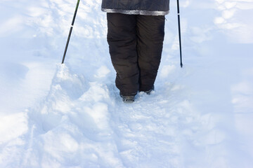 Senior at the snow in winter nordic walking