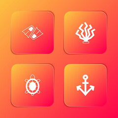 Set Flippers for swimming, Coral, Turtle and Anchor icon. Vector