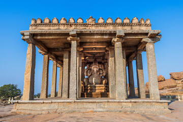 The statue of Lord Ganesha built in ancient times in Sasivekalu temple. Hampi, Karnataka, India