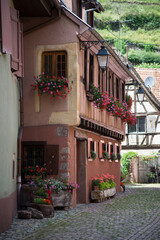 View of red geraniums on medieval building facade in the street in Turckheim France