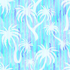 Palm tree silhouettes seamless pattern. Summer exotic tropical print. Jungle blue watercolor background.