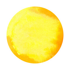 Watercolor sun shape, isolated on white. 
Pancake drawing. Yellow hand drawn circle, yolk. Gold ball.