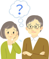 イラスト素材:老夫婦が向かい合って不安な表情で悩む場面　 腕組みしたおじいさんとハテナ
