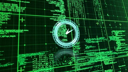 Animation of clock with turning hands over digital interface with green data processing on black
