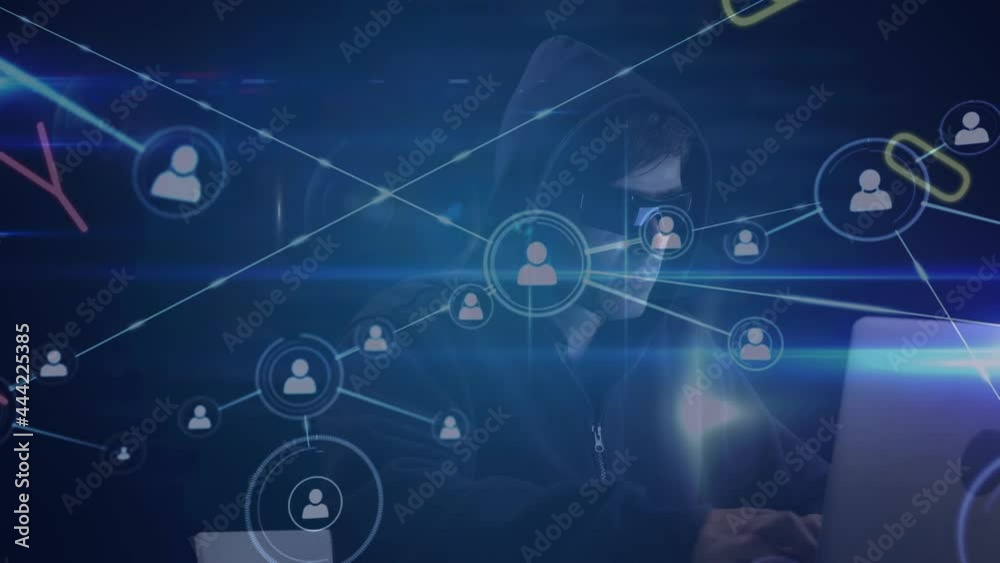 Poster animation of network of connections with hacker with laptop