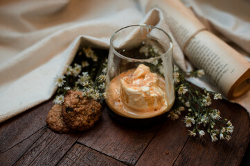coffee affogato served on wooden table