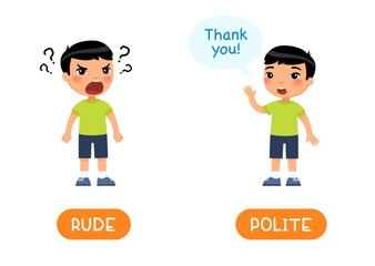 RUDE and POLITE antonyms word card, Opposites concept. Flashcard for English language learning. Little Asian boy shouts angrily, calm child asks