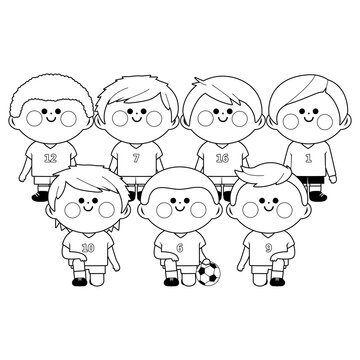 Children soccer team. Vector black and white coloring page.
