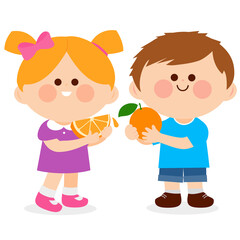 Children eating healthy orange fruits. Vector illustration