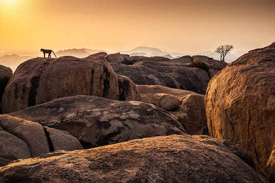 View of Kishkinda, Anjanadri Hill, (Monkey Temple) Anjaneya Parvat, Hampi, Karnataka, India.