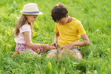 Happy children, together stroking and feeding a pet rabbit with carrots sitting on the lawn on a sunny day in the backyard. Attention and care for pet. fluffy rabbit is their friend.