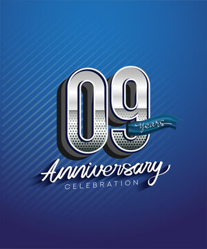 9th years anniversary celebration logotype with silver color and blue ribbon isolated on blue background