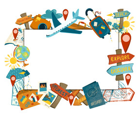 Frame border of travel and tourism elements, hand drawn illustration on white background © nastyasklyarova