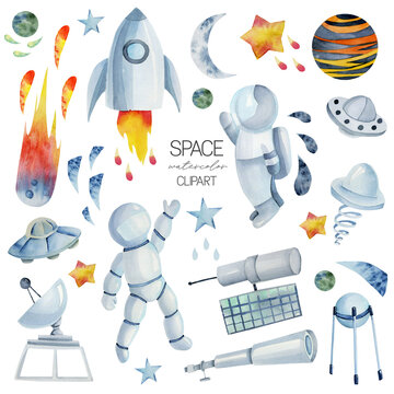 Set of watercolor space elements (astronaut, rocket, satellite, planets, comet, etc.), hand drawn isolated illustration on white background, clipart for kids