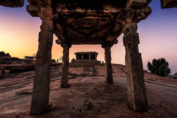 Beautiful ancient architecture of temples on Hemakuta Hill, Hampi, Karnataka, India.